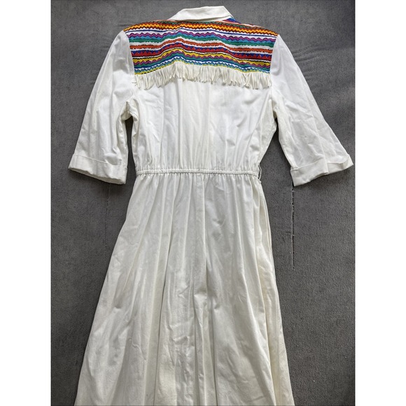 Vintage Western Fringe Dress White Embroidered Cowboy Midi Womens 16 Prairie - Picture 10 of 11